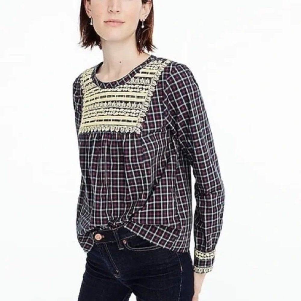 J Crew Embroidered Peasant Top Plaid Gold Filigree Medium